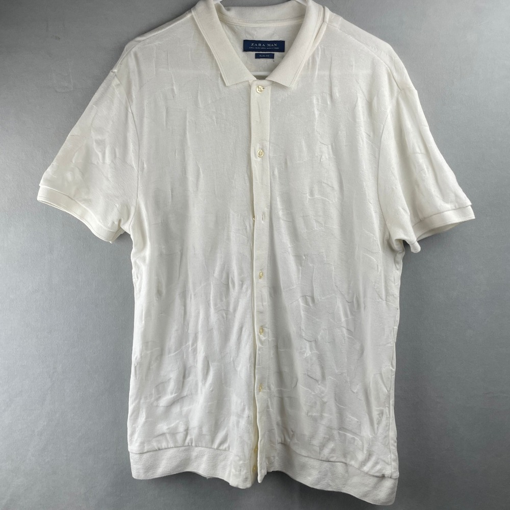 Zara Man Slim Fit Textured Polo Shirt White Cream Short Sleeve Island Top Men XL